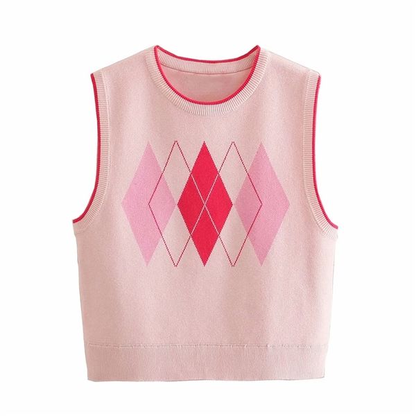 Casual Frau Rosa Slim Argyle Gestrickte Kurze Weste Frühling Mode Damen Weiche Ärmellose Pullover Mädchen Nette Tank 210515