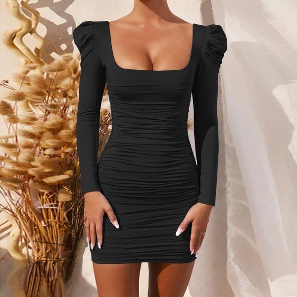 

casual dresses kleezy square neck summer black wrap ruched dress for women bodycon long sleeve white backless vestidos party mini 2021, Black;gray