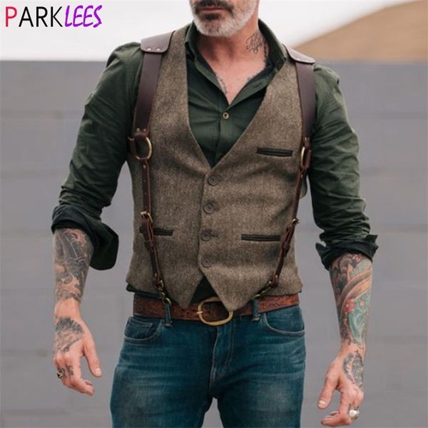 Herren Tweed Leder Hosenträger Anzug Weste Vintage Stil Steampunk Cosplay Westen Weste Gentleman Hochzeit Gilet Homme 3XL 210923