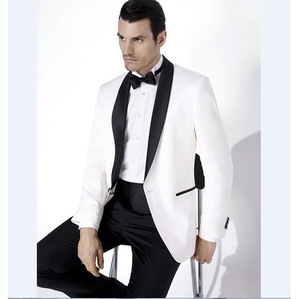 

men's suits & blazers groomsmen shawl satin lapel groom tuxedos white jacket pants black wedding man (jacket + bow tie), White;black