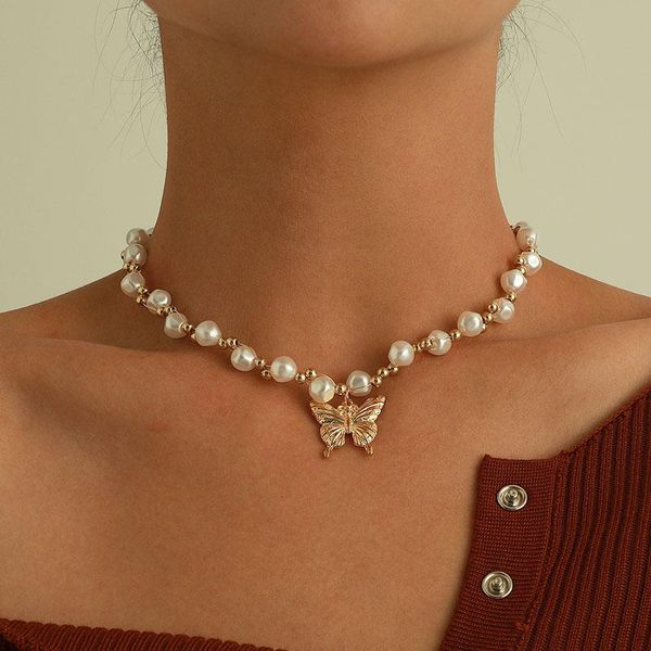 

chokers elegant baroque pearl butterfly choker necklace for women fashion temperament geometric clavicle colar jewelry gift, Golden;silver