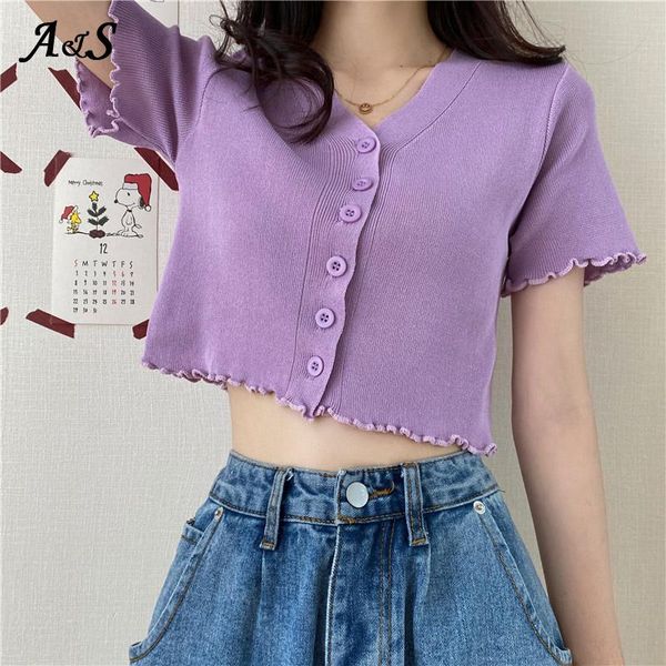 

anbenser y2k aesthetic purple female summer knitted t shirt women grunge style v neck short sleeve t-shirts femme streetwear women's t-, White