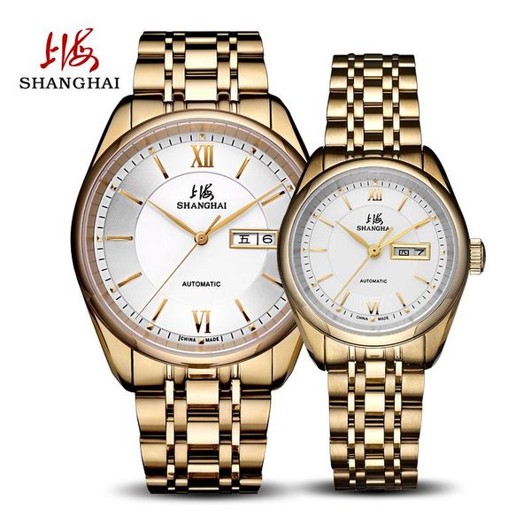 

wristwatches shanghai watch men's mechanical fully automatic simple weekly calendar fashionable bottom couple women 3008, Slivery;brown