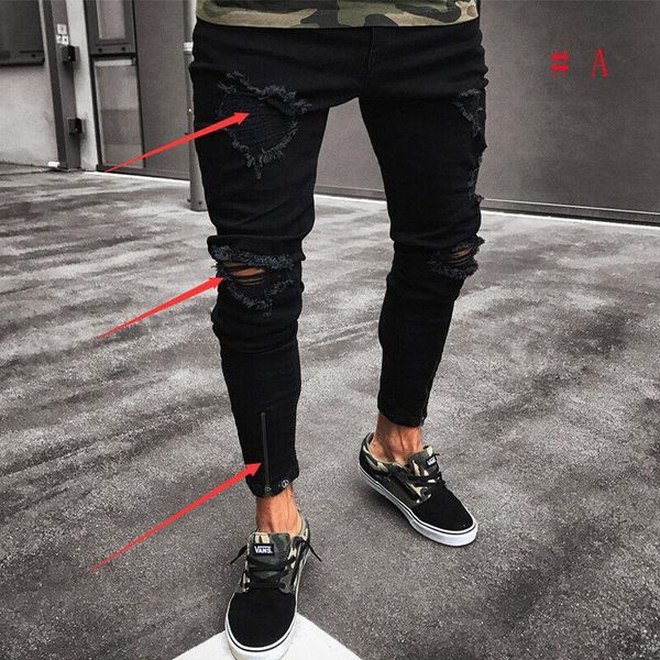 

men's jeans mens cool designer brand black skinny ripped destroyed stretch slim fit hop pants with holes for men, Blue