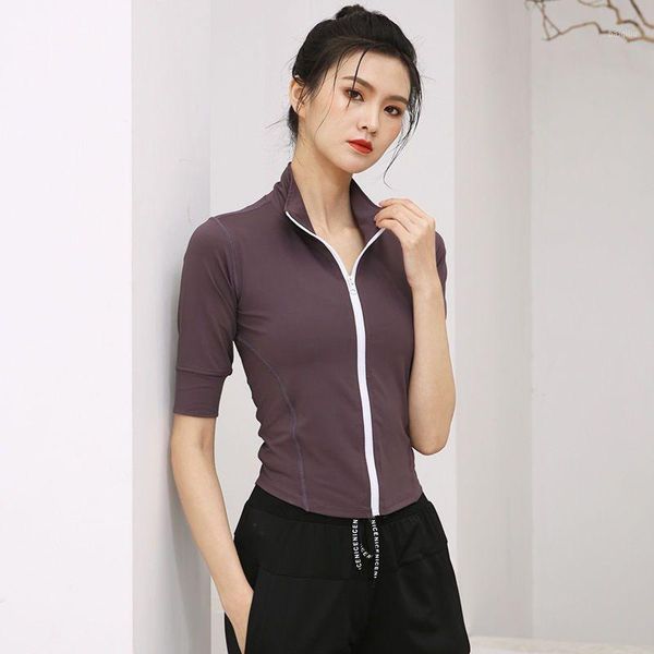 

summer women's yoga t-shirt tight-fitting five-point sleeves running quick-drying slim-fit stand-up collar zipper sportswear outfit