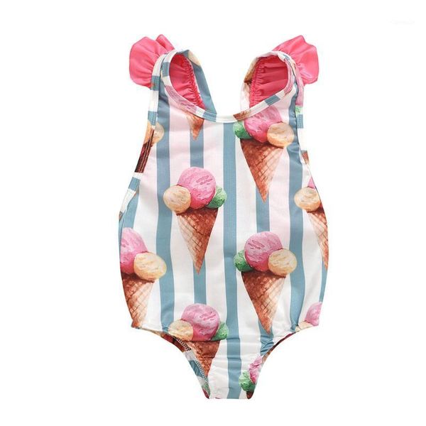

charmo baby girls' one piece swimsuits ice cream printed swimwear ruffle kids cute bikini beach wear children's one-piece one-piec, Black