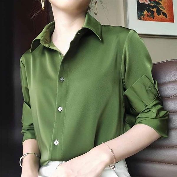 

silk korean office ladies elegant shirt blouse female loose long sleeve avocado green vintage clothes women 12610 210421, White