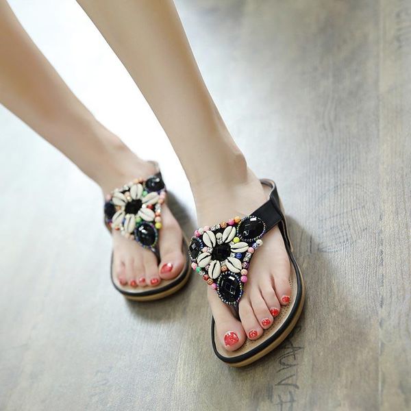

Summer Women Sandals 2021 Arrival Ethnic Flat Outdoor Beaded Soft Bottom Shoes Woman Plus Size, Black