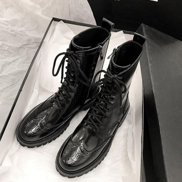 

boots mezereon women shoes patent leather woman ankle brogue zipper ladies for riding eur 41, Black