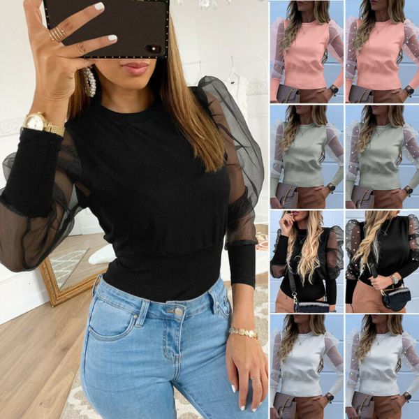 

women's blouses & shirts women fashion long sleeve sheer mesh blouse puff vintage pearls baggy o-neck female blusas, White