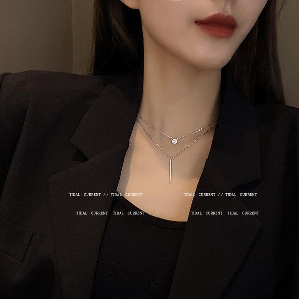 

pendant necklaces double layer titanium steel clavicle chain choker necklace fashion zirconia round strip collar for women, Silver