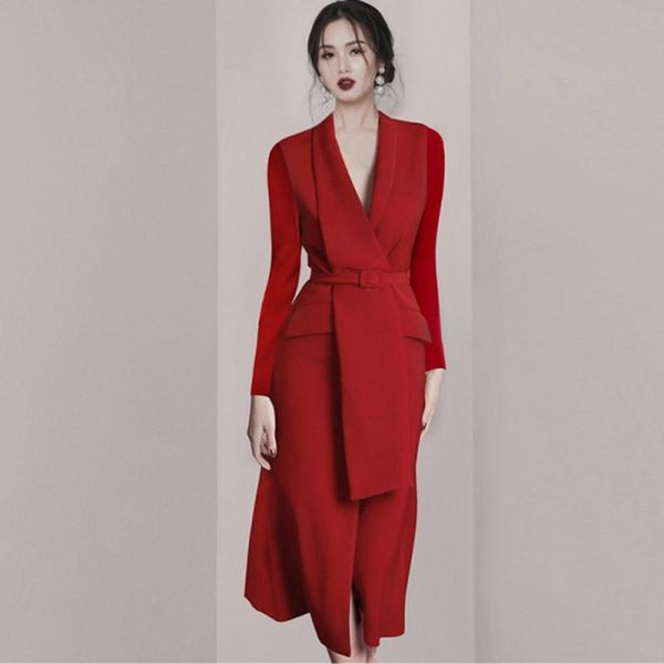 

casual dresses arrival spring women's vintage blazer dress ladies long sleeve elegant red office party vestidos, Black;gray