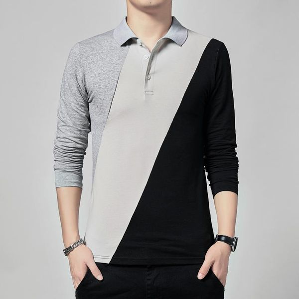 

men's t-shirts browon fashion pantchwork t shirts men turn-down collar long sleeved t-shirt cotton autumn korean style slim fit for, White;black