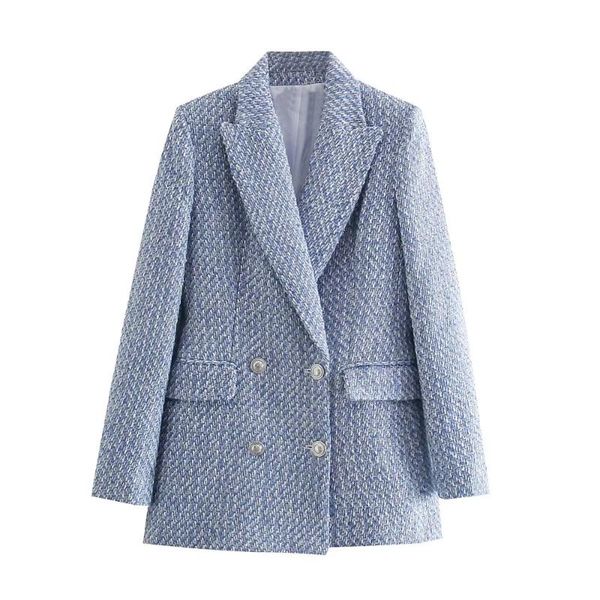 

women's suits & blazers xeasy 2021 tweed women vintage blue plaid long sleeve slim office lady blazer female double breasted streetweae, White;black