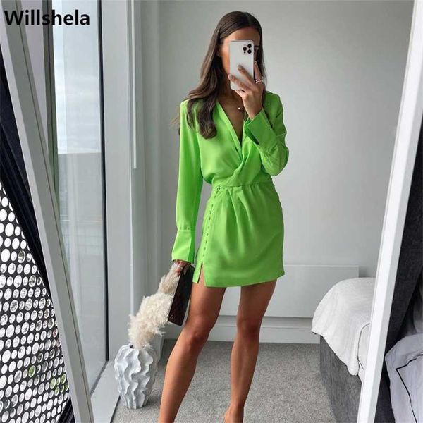 

summer shirt dress women long sleeves casual fashion chic lady light green short dress za women 211023, Black;gray