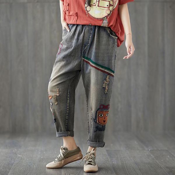 

female autumn elastic waistband releases vintage from cartoon cotton embroidery deniharem torn jeans plus size d464, Blue
