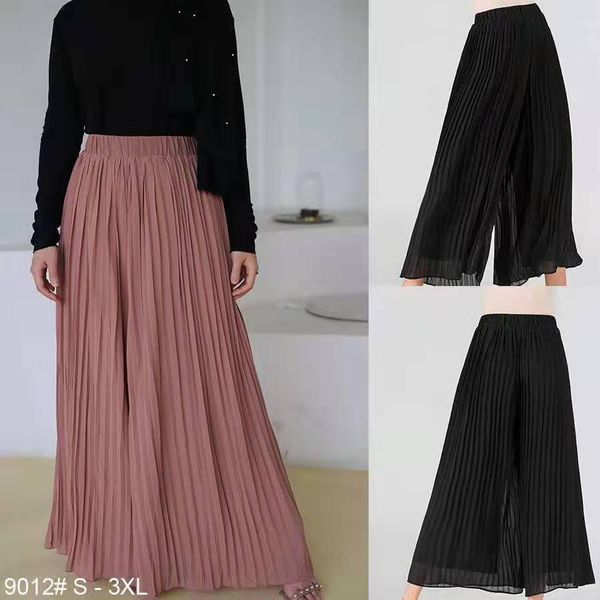 

2021 summer loose chiffon muslim pants women high waist pleated wide leg pants ankle-length solid color dubai turkish trousers, Red