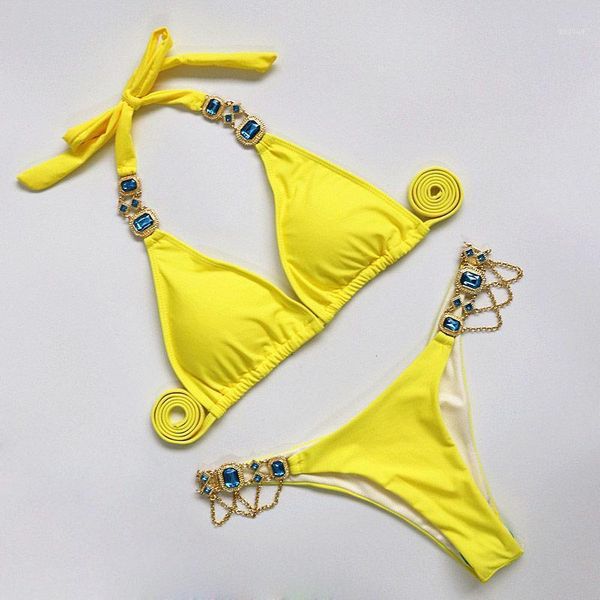 

women's swimwear solid swimsuits diamond bikini halter bandage biquini women yellow black white bathing suit micro swimming, White;black