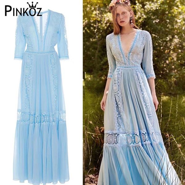 Frühling Vintage Design Runway Blau Party Kleider Frauen Sexy V-ausschnitt Transparente Hülse Luxus Spitze Langes Kleid 210421