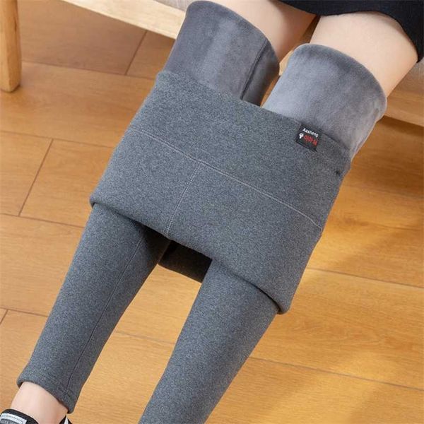 

rylanguage women leggings cotton fashion high waist winter plus velvet thickening solid color warm size 211215, Black