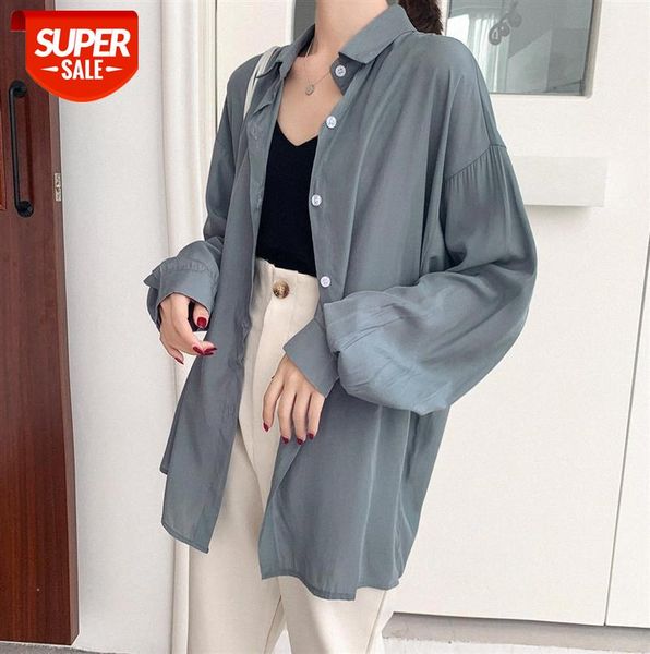 

[ou fan] 6813 temperament fan silky fabric loose long-sleeved shirt women korean #y94d, Black;gray