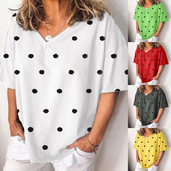 

women's blouses & shirts feitong blouse summer women plus size loose dot printed v-neck short sleeve streetwear, White