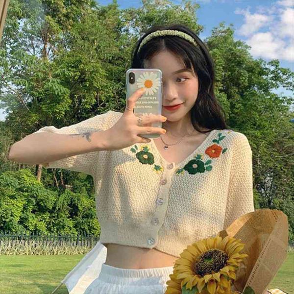 

summer flower thin cropped cardigan womens sweaters purple short sleeved loose knitted t shirt sleeve buttons vneck top, White;black