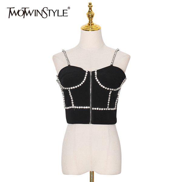 

twotwinstyle patchwork diamond vest for women square collar sleeveless short slim female fashion clothing summer 210517, White