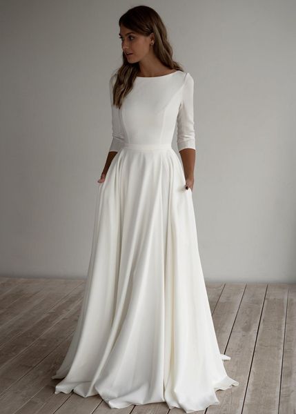Uma linha crepe modestar vestido de noiva mangas compridas Trem de varredura de varredura simples elegante elegante boho vestidos de noiva