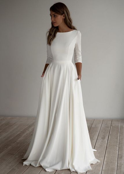 

2021 a-line crepe modest wedding dress long sleeves pockest sweep train simple elegant informal boho bridal gowns sleeved custom made, White