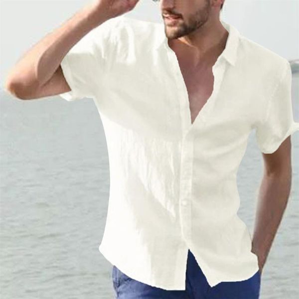 

men's casual shirts linen short sleeve summer solid loose turn-down collar blouse male breathable shirt chemises homme, White;black