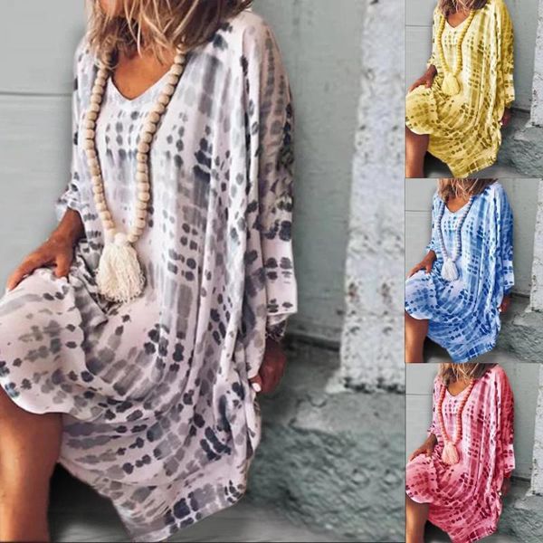 

women summer dress vintage loose v-neck print short sleeve mid-calf dressesplus size women's clothing essential casual dresses, Black;gray