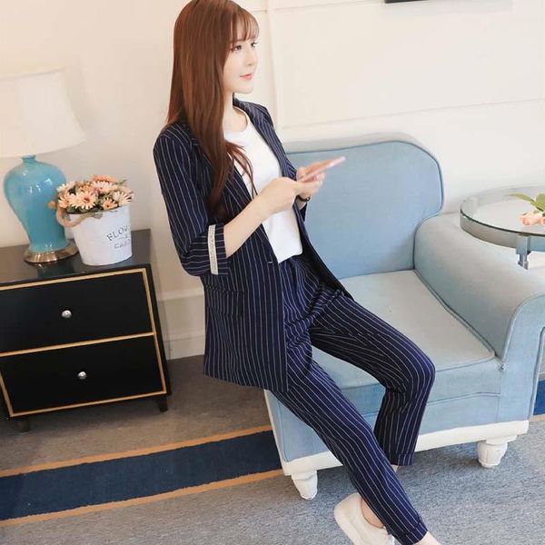

women's two piece pants business pant suits ol 2 sets 2021 fall elegant double breasted striped blazer jacket & zipper trousers suit fo, White