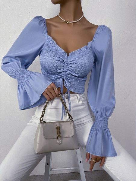 

sweetheart neck flounce sleeve shirred z4nm#, White