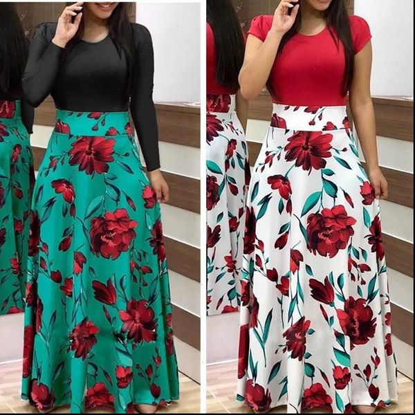 

spring summer casual long sleeve women dresses o neck tunic patchwork fashion vintage print maxi vestidos, Black;gray