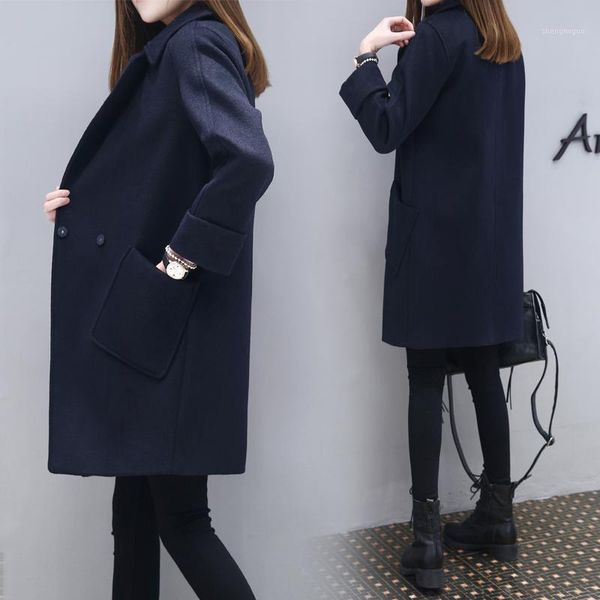 

women's wool & blends 2021 autumn winter women elegant coat korean loose plus size work wear overcoat female woolen blend l958, Black