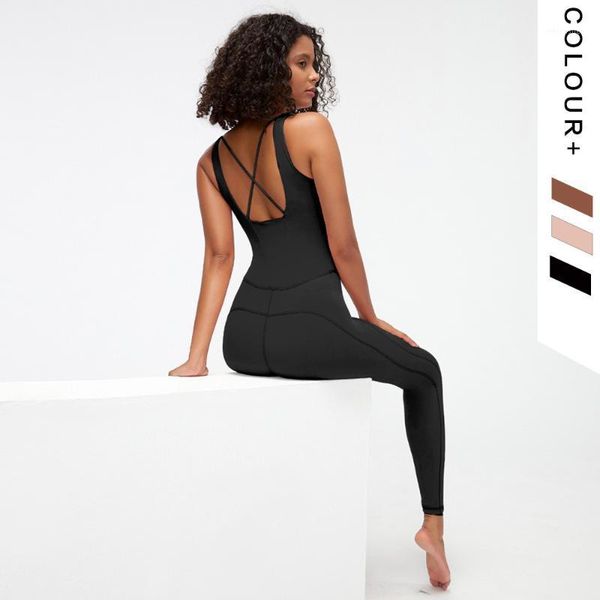 

yoga outfit seamless sets women sleeveless gym clothing back strap cross set with padded sports tights rompers fitness jumpsuit