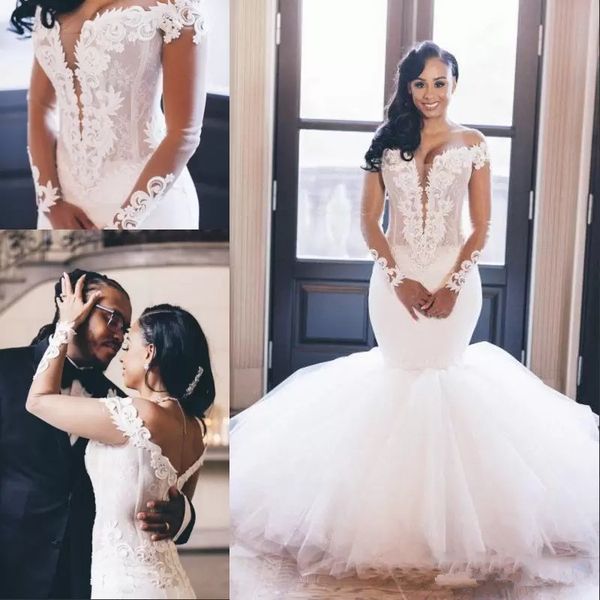 

african mermaid arabic plus size wedding dress long sleeves off the shoulder elegant bridal dresses, White