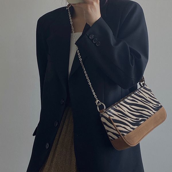 

vintage pu leather women chain shoulder crossbody bags fashion ladies underarm bag zebra pattern female plush purse handbags l00