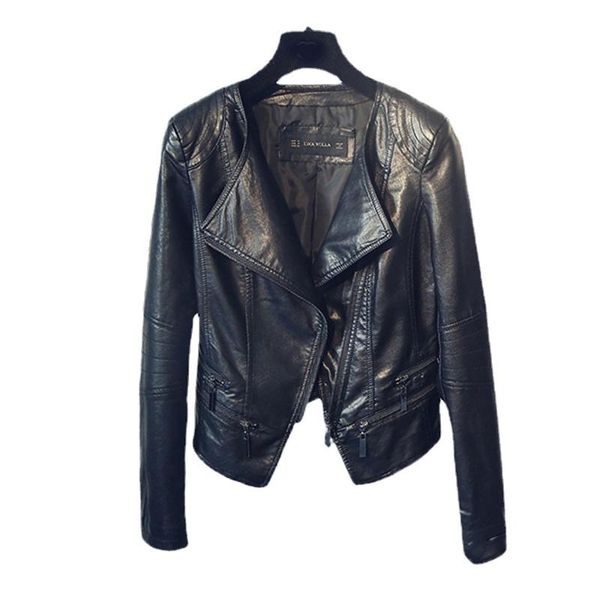 

women's leather & faux autumn ladies motorcycle jackets women turn-down collar zipper slim black moto biker jacket female