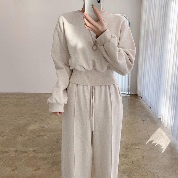 

women's two piece pants [ewq] korea chic minority round neck loose solid color long sleeved sweatshirt + lace up high waist leisure wid, White