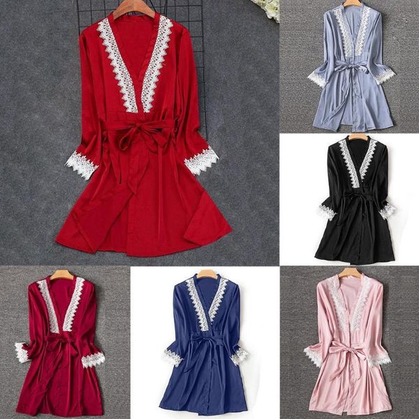 

women's sleepwear women bathrobe spring summer night robe long lingerie silk lace sleeve stain pajamas sleep beach spa 9vms, Black;red