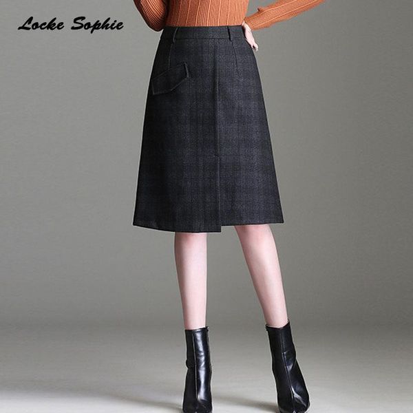 

skirts 1pcs hight waist women's plus size pencil 2021 winter woollen plaid zipper ladies skinny slim fit, Black