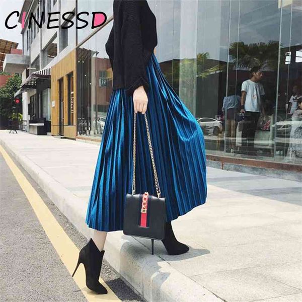 

waisted maxi skirt elegant female velvet pleated s autumn winter long vintage women metallic 210421, Black
