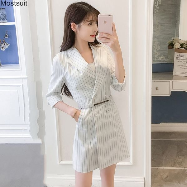 

summer striped suit dress women plus size office lady tunic bodycon elegant mini blazer dresses party spring vestido mujer 210518, Black;gray