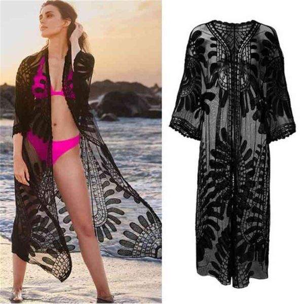

women's cover-up see through embroidered long kimono cardigan swimwear white black lace tunic plus size women beach wear swim