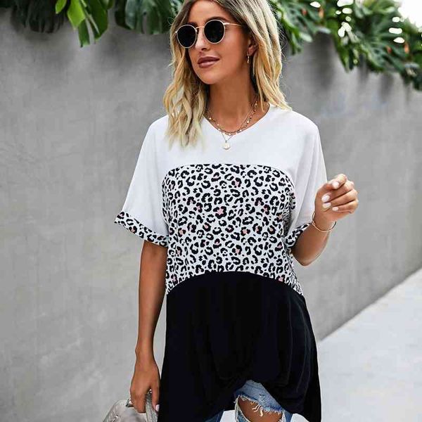 

women's summer spring new split leopard print splicing cotton street style loose peach heart collar blouses 210413, White
