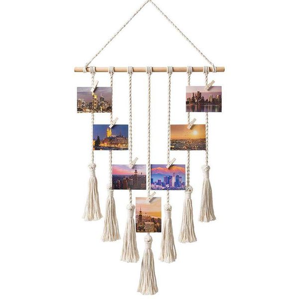 

hanging po display macrame wall pictures organizer home decor, with 25 wood clips hooks & rails