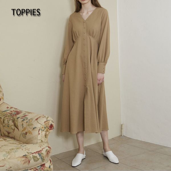 

ies spring long sleeve midi dresses women french style v-neck dress solid color elegant vesrtidos 210412, Black;gray