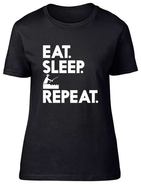 

eat sleep fishing repeat fitted womens ladies t shirt, White;black